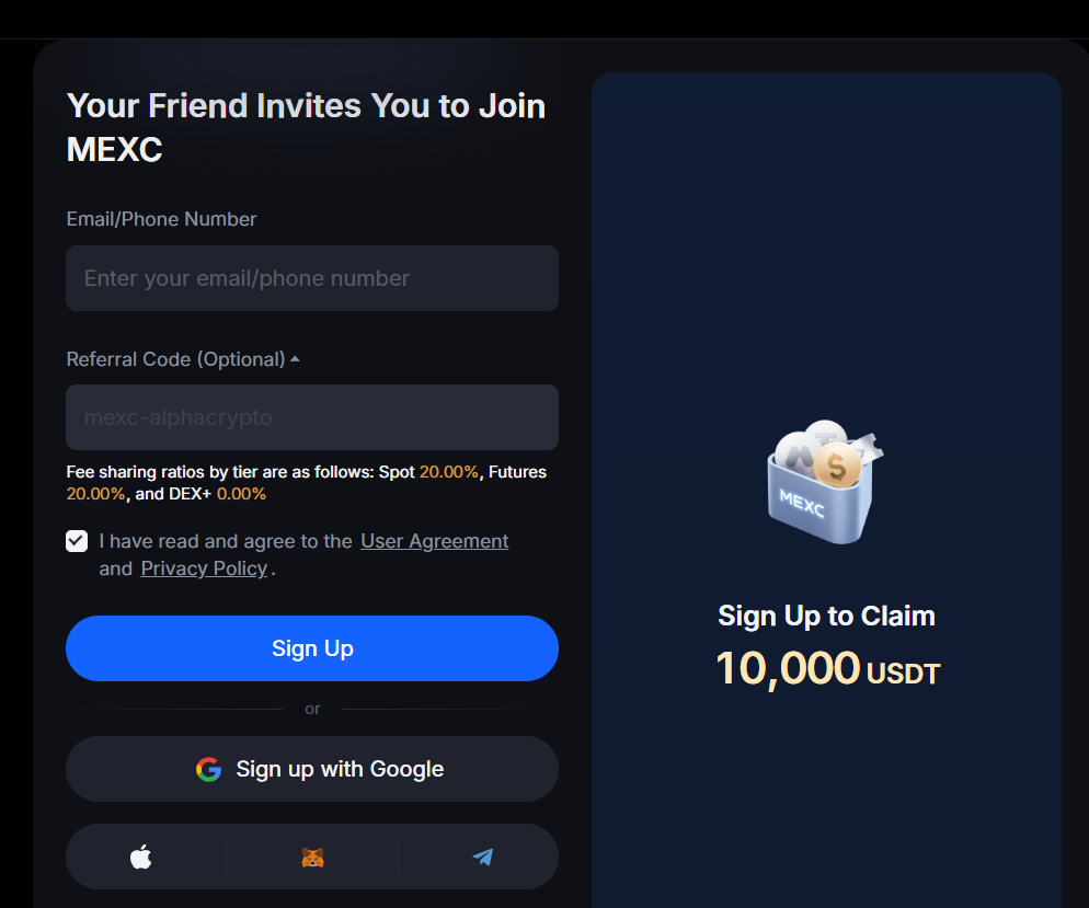 MEXC Referral Code Sign Up Screen