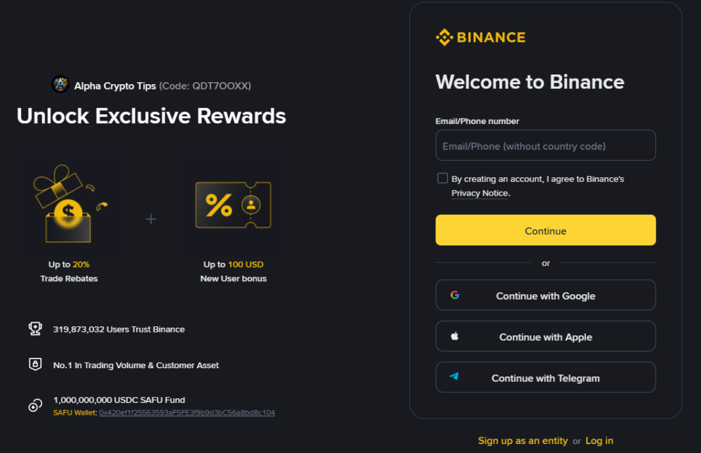 binance Referral Code Sign Up Screen